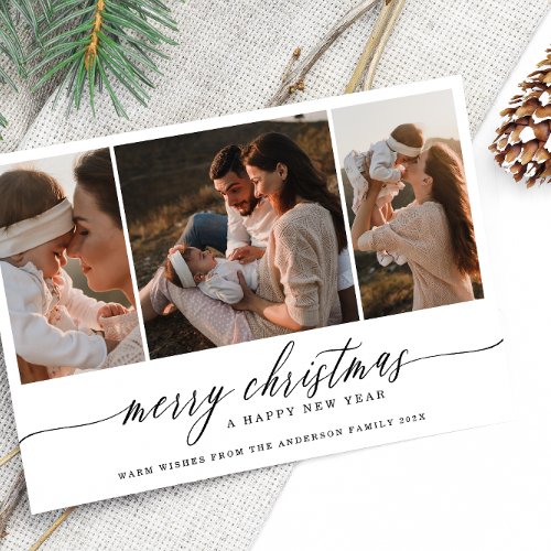 Elegant 3 Photo Collage family Holiday Card