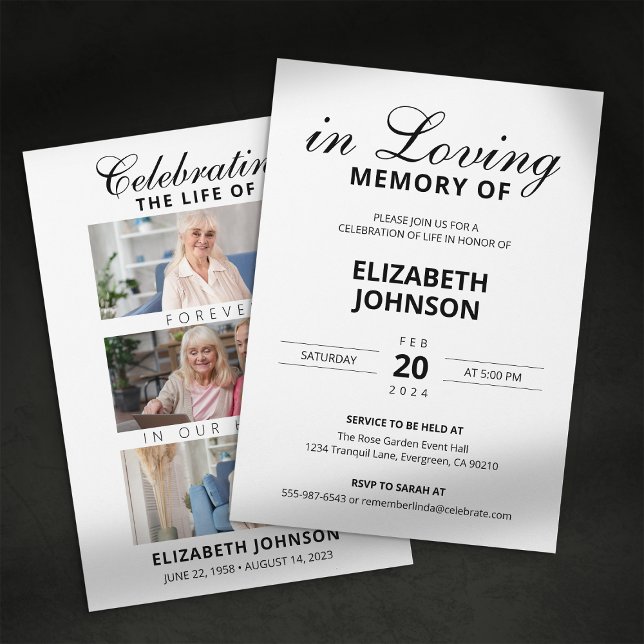 Elegant 3 Photo Collage Funeral Memorial Invitation (Creator Uploaded)