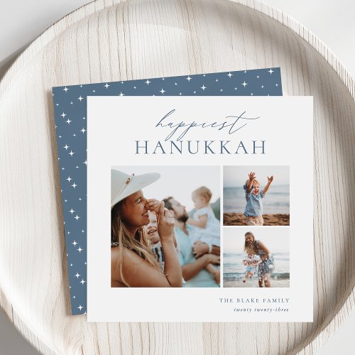 Elegant 3 Photo Collage Happiest Hanukkah Holiday Card
