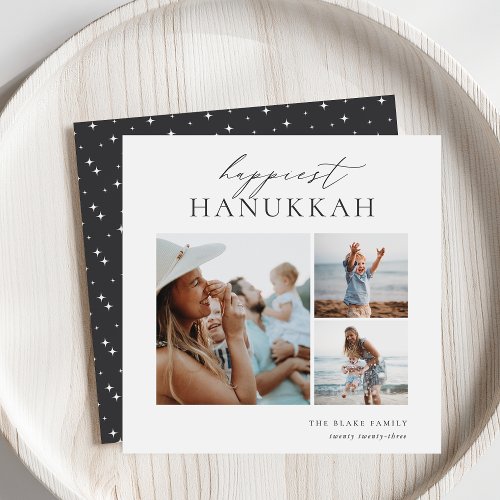 Elegant 3 Photo Collage Happiest Hanukkah Holiday Card