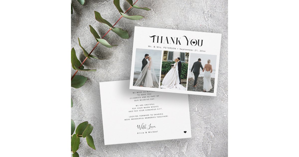 Elegant 3 photo collage modern wedding thank you card | Zazzle