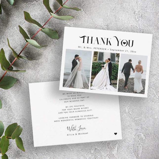 Elegant 3 photo collage modern wedding thank you card | Zazzle