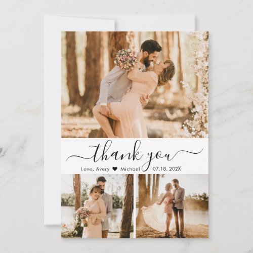 Elegant 3 Photo Collage Script Heart Wedding  Thank You Card