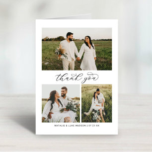 Elegant 3 Photo Collage Script Wedding Letterpress Thank You Card