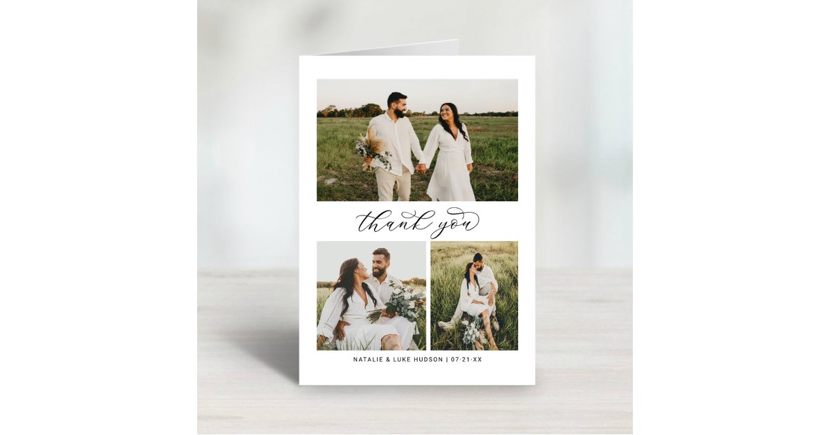 Elegant 3 Photo Collage Script Wedding Thank You Card | Zazzle