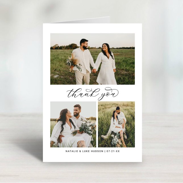 Elegant 3 Photo Collage Script Wedding Thank You Card (Creator Uploaded)