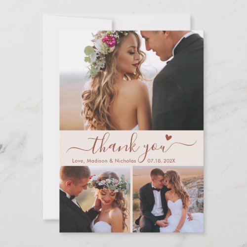 Elegant 3 Photo Collage Terracotta Script Wedding Thank You Card