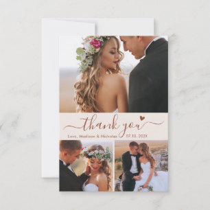 Elegant 3 Photo Collage Terracotta Script Wedding Thank You Card