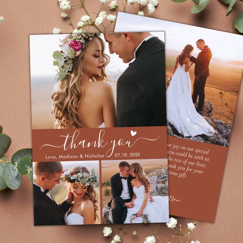 Elegant 3 Photo Collage Terracotta Script Wedding Thank You Card