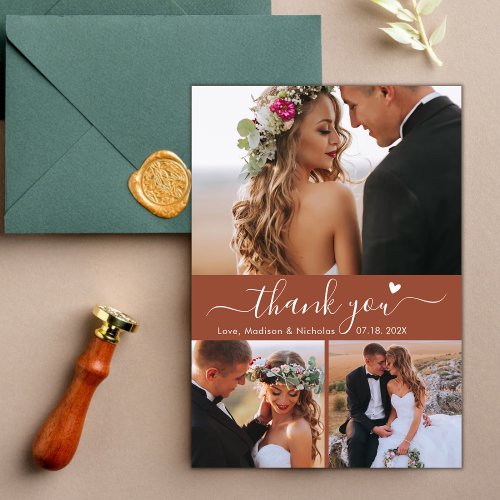 Elegant 3 Photo Collage Terracotta Script Wedding  Thank You Card