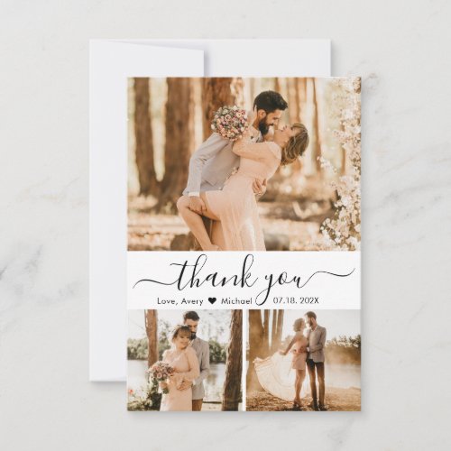 Elegant 3 Photo Collage Typography Script Wedding  Thank You Card