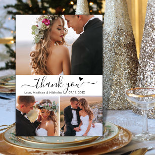 Elegant 3 Photo Collage Typography Script Wedding  Thank You Card