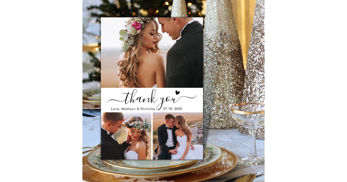 Elegant 3 Photo Collage Typography Script Wedding Thank You Card | Zazzle
