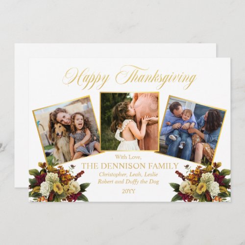 Elegant 3 Photo Family Floral Happy Thanksgiving   Holiday Card