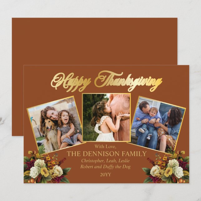 Elegant 3 Photo Family Floral Happy Thanksgiving   Holiday Card (Front/Back)