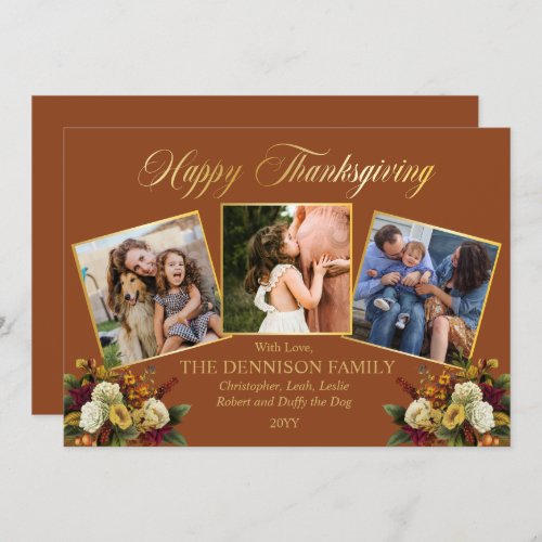 Elegant 3 Photo Family Floral Happy Thanksgiving   Holiday Card
