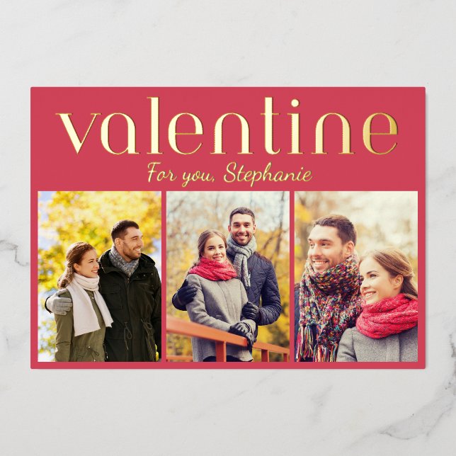 Elegant 3 Photo Gallery Valentine's Day Red Custom Foil Holiday Card (Front)