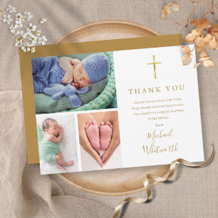 Elegant 3 Photo Gold Signature Script Baptism Thank You Card