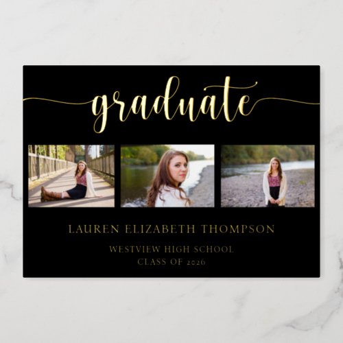 Elegant 3 Photo Graduation Black Gold Foil Invitation