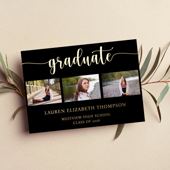 Elegant 3 Photo Graduation Black Gold Foil Invitation (Creator Uploaded)