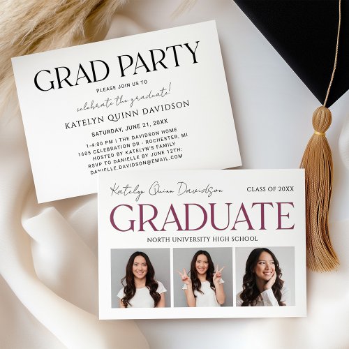 Elegant 3 Photo Graduation Party Graduate Letterpress Photo Cards