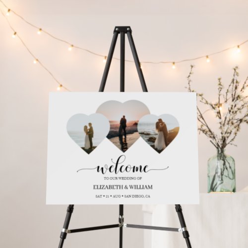 Elegant 3 Photo Heart Collage Wedding Welcome Sign