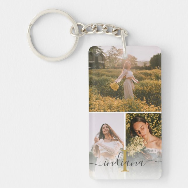 Elegant 3 Photo Monogram Custom Graduate Keepsake Keychain (Front)
