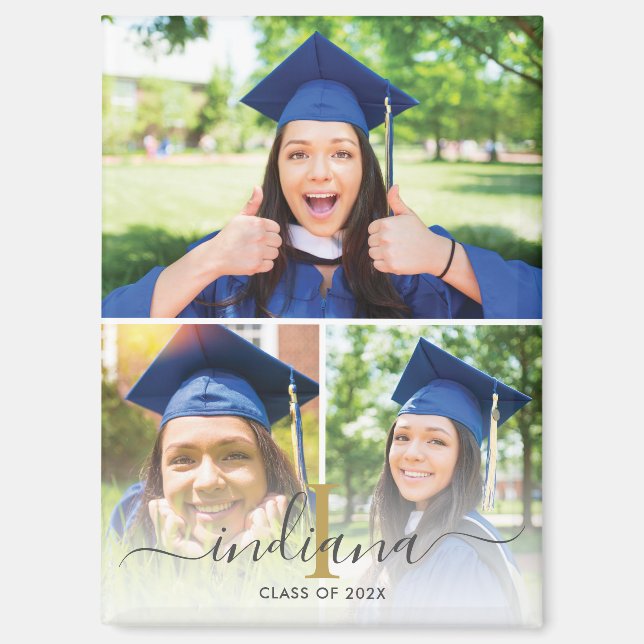 Elegant 3 Photo Monogram Custom Graduation 2025 Magnet (Front)