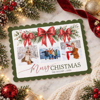 Elegant 3 Photo Red Bow Greenery Merry Christmas Holiday Card
