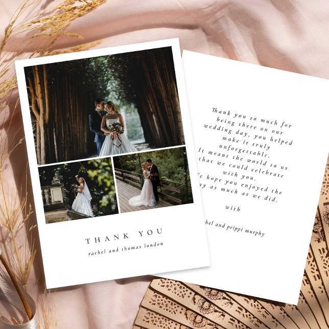 Elegant 3 Photo  Script Minimalist Wedding Thank You Card (Creator Uploaded)