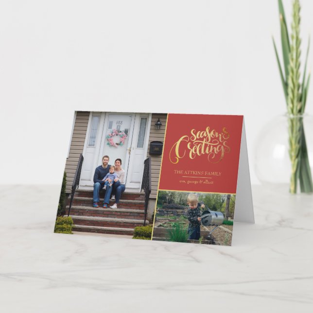 Elegant 3 Photo Seasons Greetings Typography  Holi Holiday Card (Front)