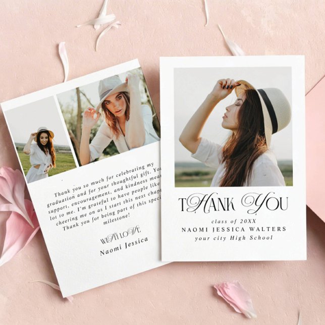 Elegant 3 PHOTO Typography Graduation Thank you Card (Creator Uploaded)
