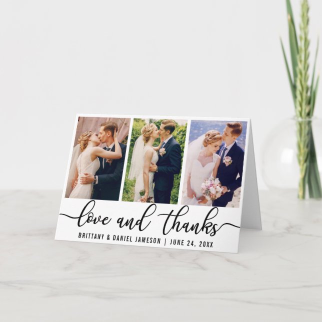 Elegant 3 Photo Wedding Love and Thanks Fold Thank You Card (Front)