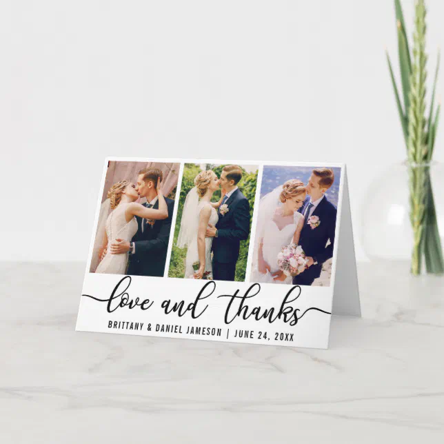 Elegant 3 Photo Wedding Love and Thanks Fold Thank You Card | Zazzle