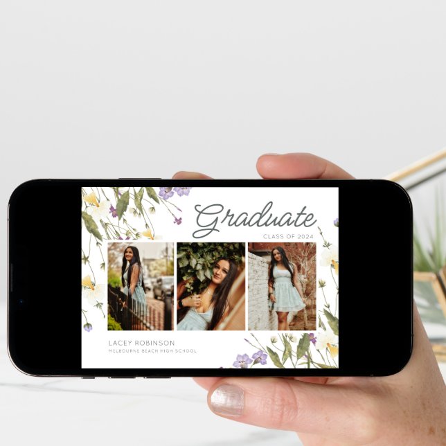 Elegant 3 Photo Wildflower High School Graduation  Announcement (Front Digital)