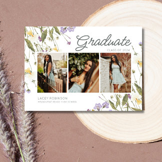 Elegant 3 Photo Wildflower High School Graduation  Announcement