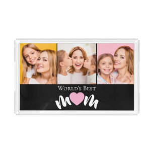 Elegant 3 Photo Worlds Best Mom Cute Heart Acrylic Tray