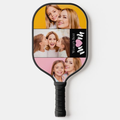 Elegant 3 Photo Worlds Best Mom Cute Heart Pickleball Paddle