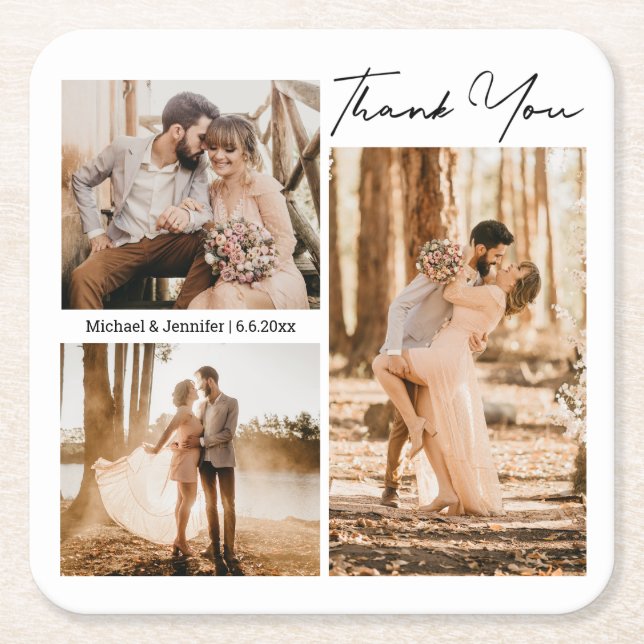 elegant 3 photos  thank you wedding favor square paper coaster (Front)