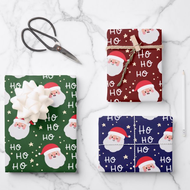 Elegant 3 Santa Face Christmas Ho Ho Pattern Wrapping Paper Sheets (Front)
