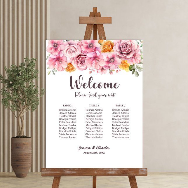 Elegant 3 Table Pink Floral Wedding Seating Chart Foam Board (Creator Uploaded)