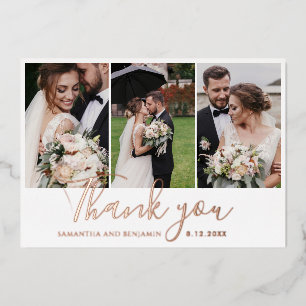 Elegant 3 Wedding Photos Thank You Gold Foil Card