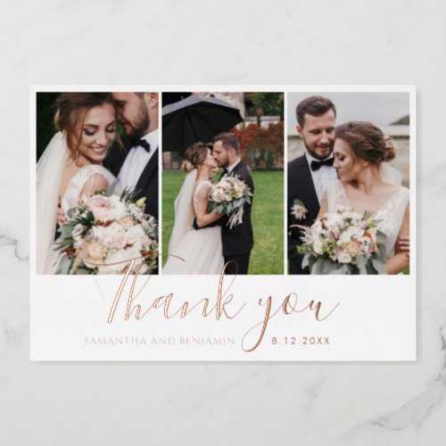 Elegant 3 Wedding Photos Thank You Gold Foil Card