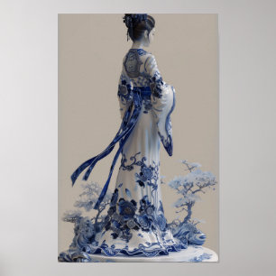 Elegant 3D Blue and White Porcelain Poster with Tr