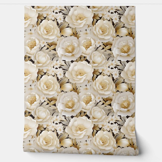 Elegant 3d cream and gold flowers spring floral wallpaper  (Unrolling)
