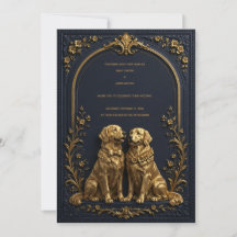 Elegant 3D Gold Golden Retriever Wedding Invitatio