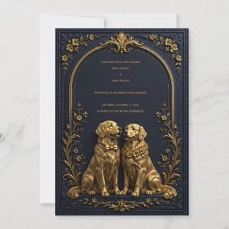 Elegant 3D Gold Golden Retriever Wedding Invitatio Invitation