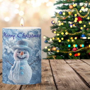 Elegant 3D Icy Blue Floral Snowman Christmas Pillar Candle