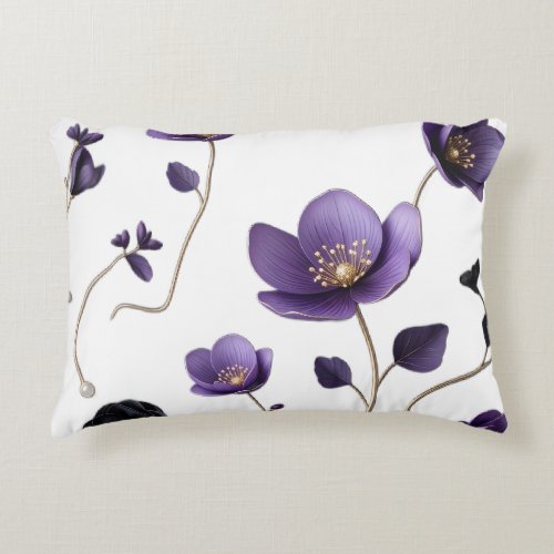 Elegant 3D Purple & Gold Floral Botanical Pattern Accent Pillow