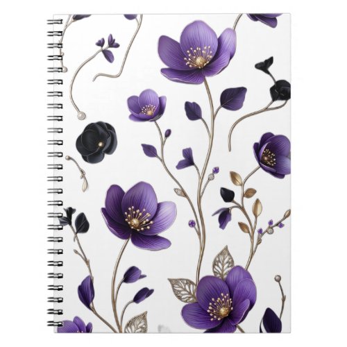 Elegant 3D Purple & Gold Floral Botanical Pattern  Notebook